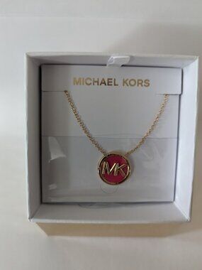 MICHAEL KORS Yellow Gold Tone Pink Enamel MK Logo Necklace NWT Gift Box $95.00